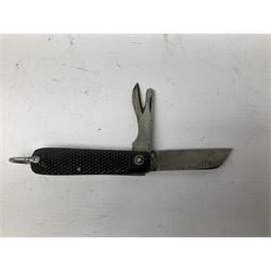 WW2 British army folding jack/clasp knife with blade and can opener marked with broad arrow and date 1944; a similar unmarked British army folding three-blade knife; and another later similar British Army knife marked Wade & Butcher Sheffield England (3)