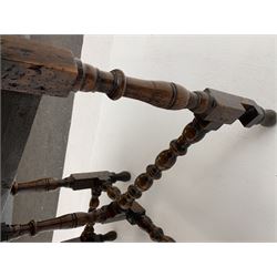 Late 17th century William & Mary oak drop leaf dining table, oval drop leaf top, single drawer to one end, gate action base, turned supports joined by bobbin turned stretchers, 121cm x 135cm, H75cm (open)