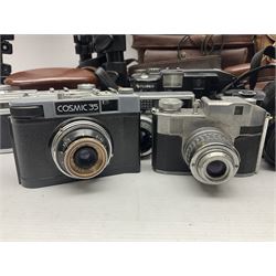 Collection of cameras and lenses, to include Pentax Program A camera body, serial no 123759, with 'Pentax-A zoom 1:3.5-4.5 28-80mm' len, Praktica EE2 camera body with 'Pentacon electric 1.8/50' lens etc, together with a Manfrotto tripod 