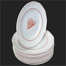 Wedgwood Flying Cloud Georgetown collection tea and dinner wares, including tureen, seven teacups, ten saucers, twelve side plates, three small bowls, two platters, thirteen dinner plates, etc, all decorated with red clipper ship and with printed marks beneath