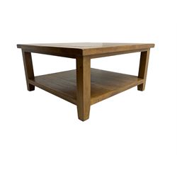 Square solid oak coffee table, plank top over under-tier