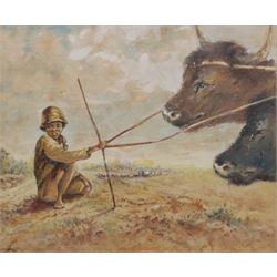 E K Pye (South African 20th century): Boy with Oxen, watercolour signed 24cm x 30cm