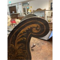 Unusual 18th century small Northern European wooden sled, with curved scroll back, the sides painted with coastal shipping scenes, the interior with removable zinc liner, upon curved irons painted with flower heads, H36cm W56cm D29cm