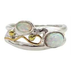 Silver and 14ct gold wire two stone opal openwork ring, stamped 925 