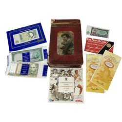  Two United Kingdom Queen Elizabeth II 1989 'Tercentenary Of The Bill Of Rights' brilliant uncirculated two pound coins, Bank of England Somerset one pound banknote 'DX82', album of cigarette cards etc