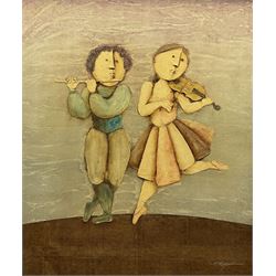 Joyce Roybal (Italian 1955-): The Musicians, oil on canvas signed 60cm x 50cm