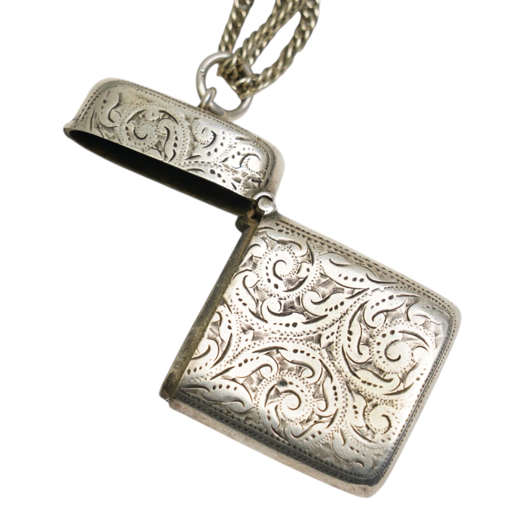 Victorian silver cased fusee lever pocket watch, case hallmarked London 1865, on nickle chain, with silver vesta case, hallmarked