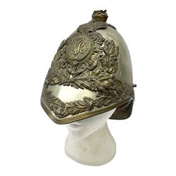 Victorian 1847 Pattern Officer's Helmet of the Inniskilling Dragoons, the white metal skull with gilt fittings including VR cypher to the plate; with leather liner H24cm