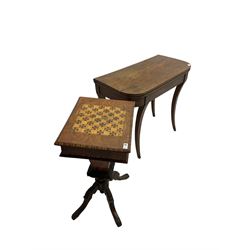 19th century inlaid walnut sewing table (49cm x 38cm, H75cm), and a 19th century mahogany card table on sabre supports (W90cm, H74cm, D45cm)