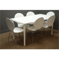  Ikea white dining table with rectangular top (75cm x 151cm, H74cm), and six chairs  