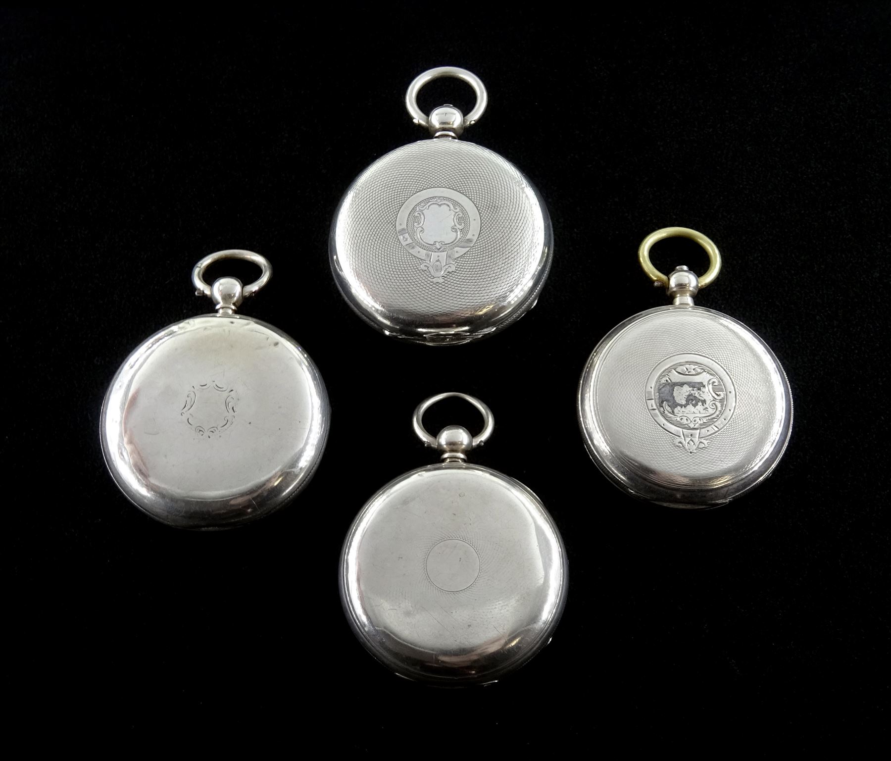 Four Victorian silver open face English lever fusee pocket watches by Horatio Smith and Robertson both London, T Graham, Cockermouth and A Routledge, Carlisle, all with engraved balance cocks and diamond endstones, white enamel dials with Roman numerals and subsidiary seconds dials, hallmarked (4)