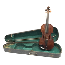 Late 19th/early 20th century violin with baroque style short neck, 35.5cm one-piece maple back and ribs and spruce top, 58cm overall, in ebonised wooden 'coffin' case with bow