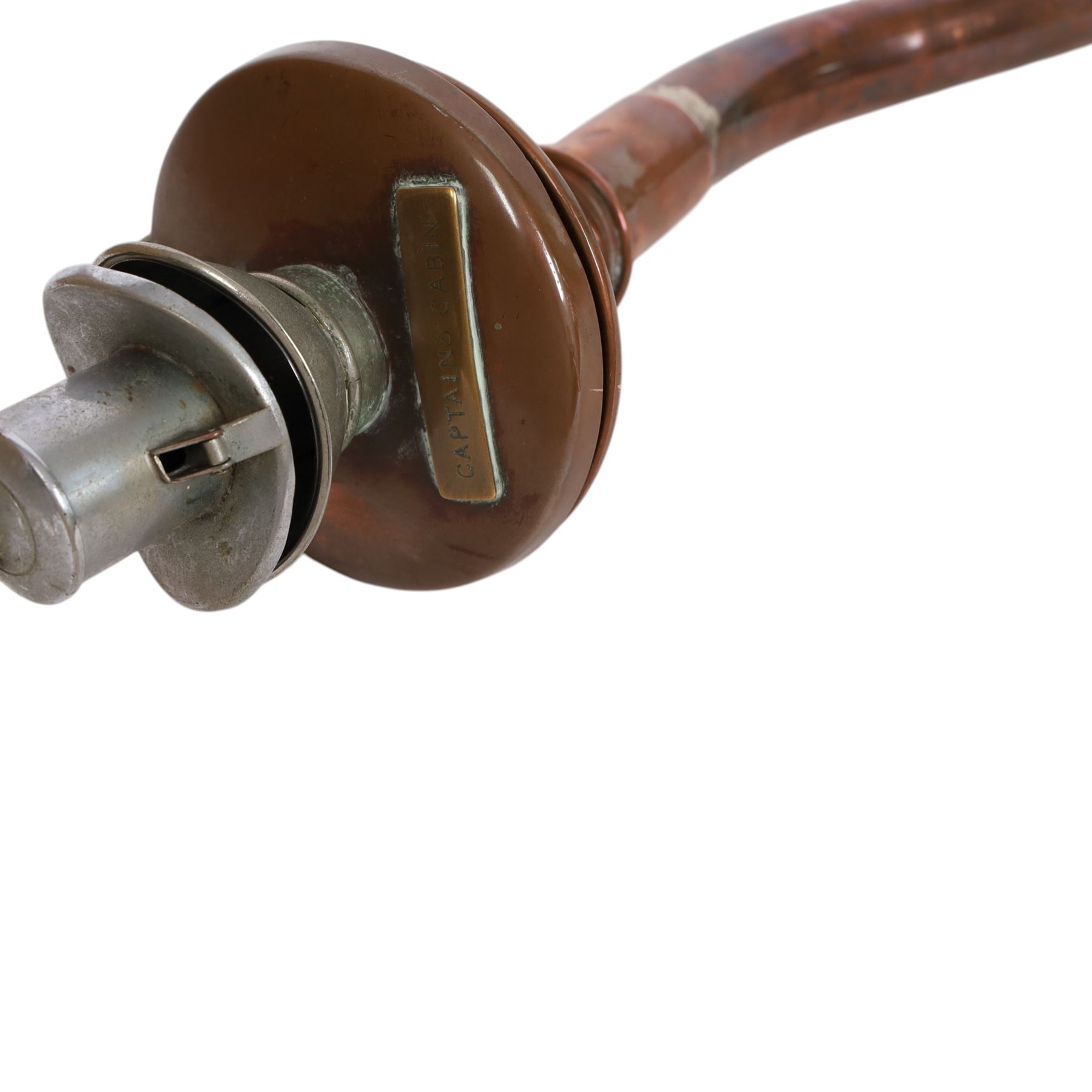 19th century copper ship's bridge voice tube, with applied plaque reading 'Captains Cabin', H123cm