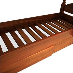 Modern cherrywood single bunk beds, with ball finials, curved headboard and footboard, ladder and chrome hand rail, raised on turned supports, with two base drawers