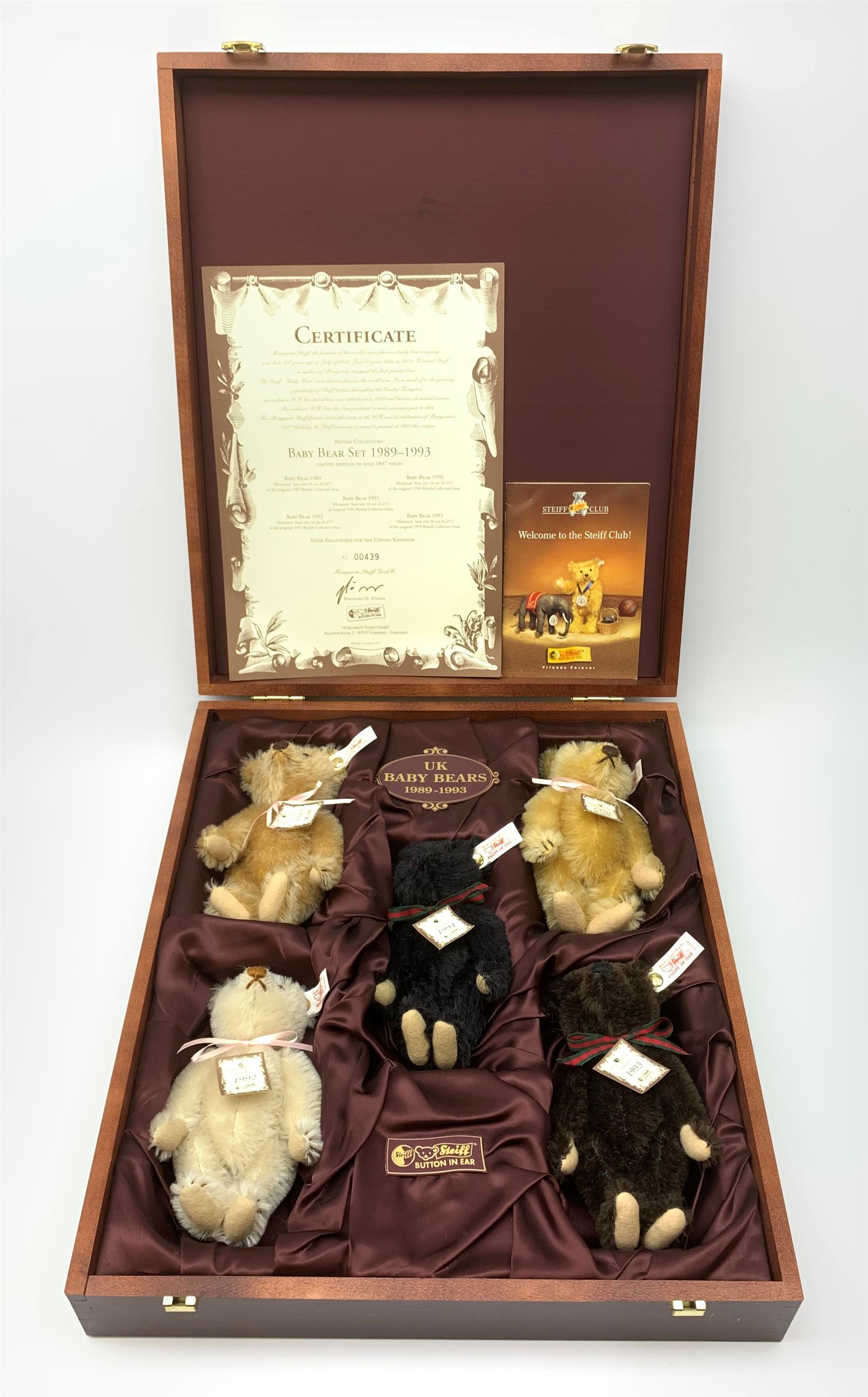 シュタイフ　UK限定　1989-1993ベア　５匹木箱入り Steiff limited edition British Collector's Baby Bear Set 1989-1993