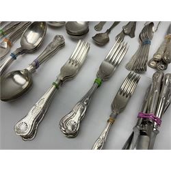 Silver Kings pattern knife, hallmarked Walker & Hall, together with a quantity of silver plated Kings pattern cutlery, including items by Osbourne's and United Cutlers, comprising table knives, table forks, table spoons, serving forks, ladle, berry spoons, teaspoons, dessert forks, cake slice, etc