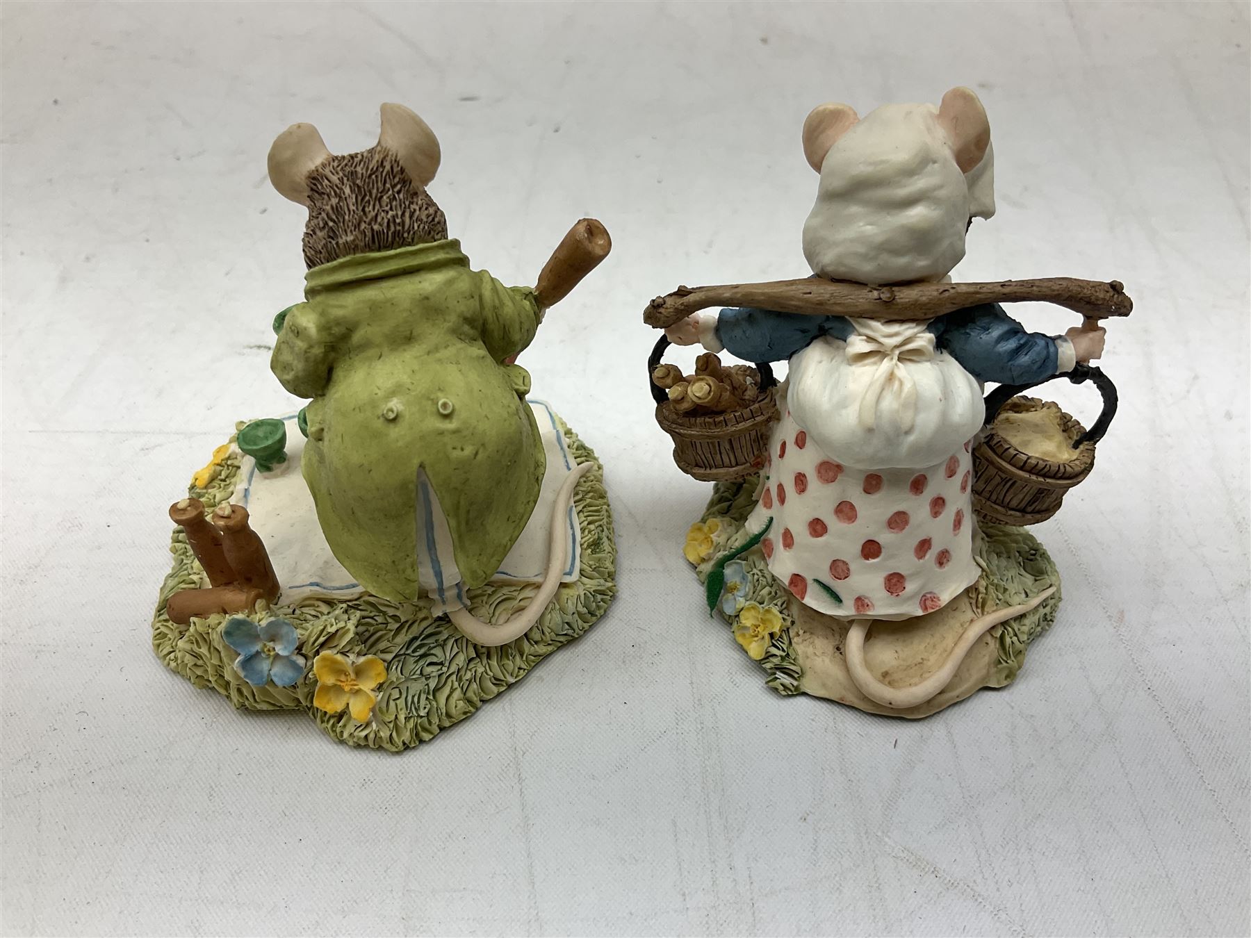 Four Classic Collectables Brambly Hedge figures, comprising Basil Pouring Drinks, Wilfred and Teasel Pushing Cart, Poppy Carry Pails and Mrs Apple, Wilfred and Basket, all boxed