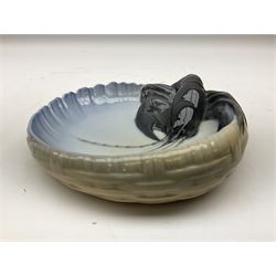 Pair of Royal Copenhagen bowls modelled as baskets and mounted with lobsters, model no 3498 and 3277, with painted and printed marks beneath, largest D19cm