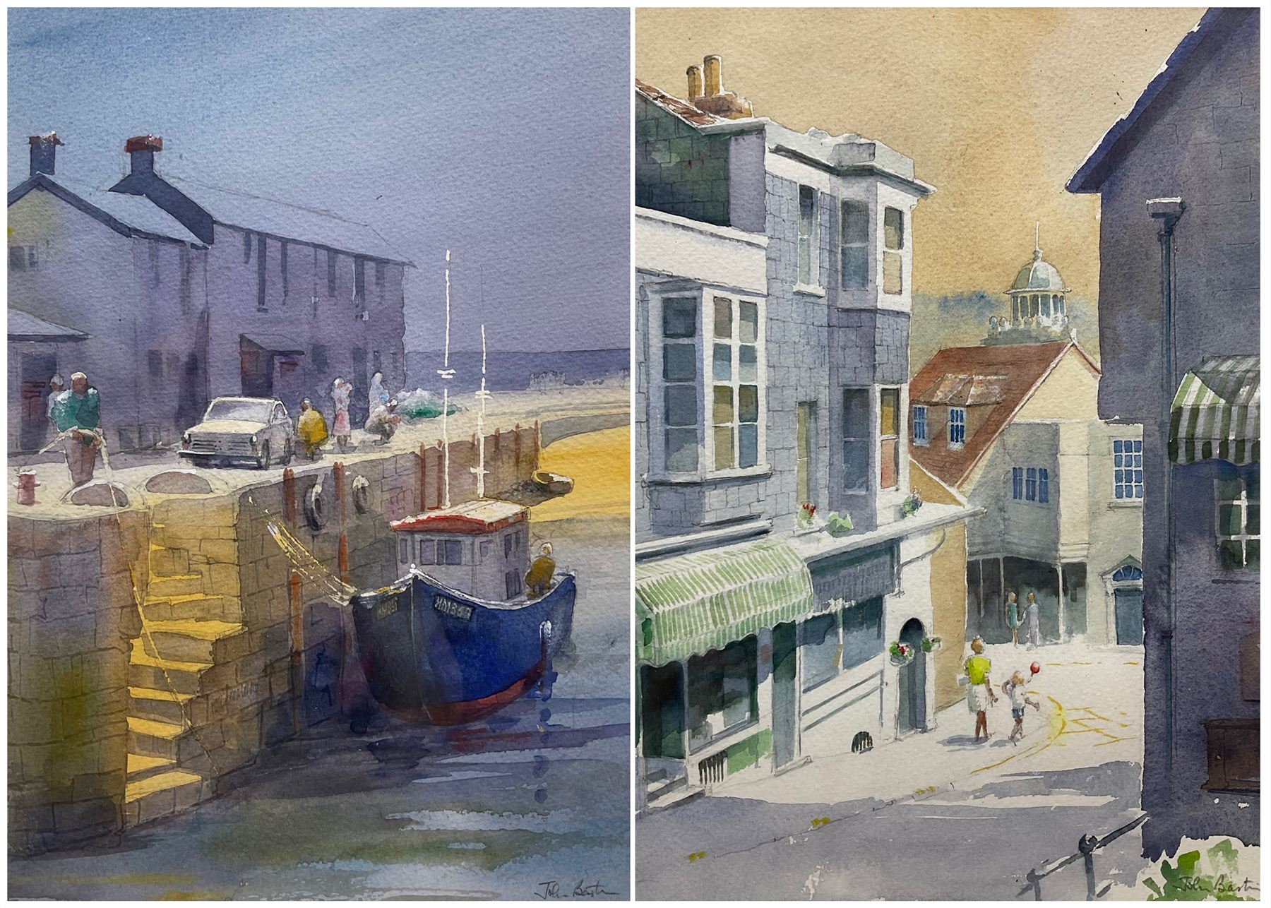 John Bastin (British 1929-): 'Lyme Regis Harbour Looking West' and Street Scene, pair watercolours signed 36cm x 27cm (2)