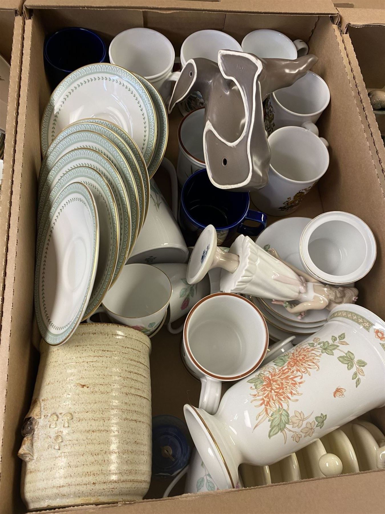 Collection of ceramics, including Royal Doulton Berkshire tea wears, Brambley Hedge trinket dish and bowl, Lurpak butter dish and toast rack etc, in four boxes  