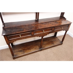  18th century oak dresser with two tier plate rack above three drawer potboard base, W177cm, H185cm, D47cm  