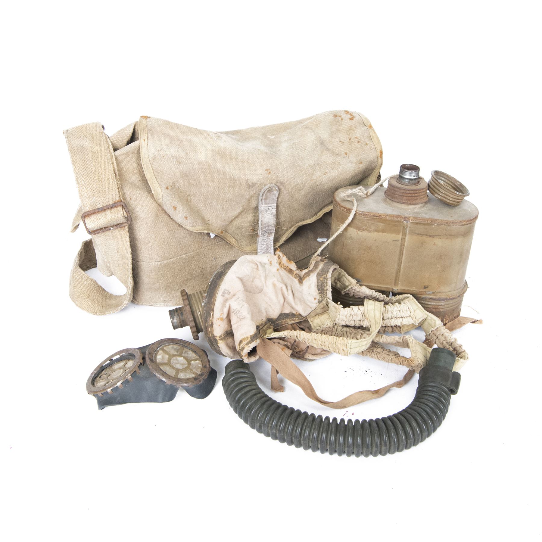 Ligne Maginot army issued French gas marks, circa 1940, used by artillery troops, in canvas bag
