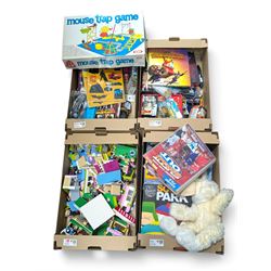 Collection of toys, including Lego Friends, soft toys, football trading cards, etc, in boxes