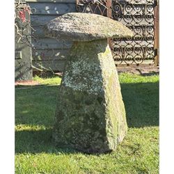 18th century hand carved Cotswold stone garden mushroom, the circular top on a shaped and tapered pedestal. H80cm.  - COLLECTION BY APPOINTMENT FROM: The White House, Thirsk Road, Easingwold, York, YO61 3NF - CALL 01723 507111 TO ARRANGE