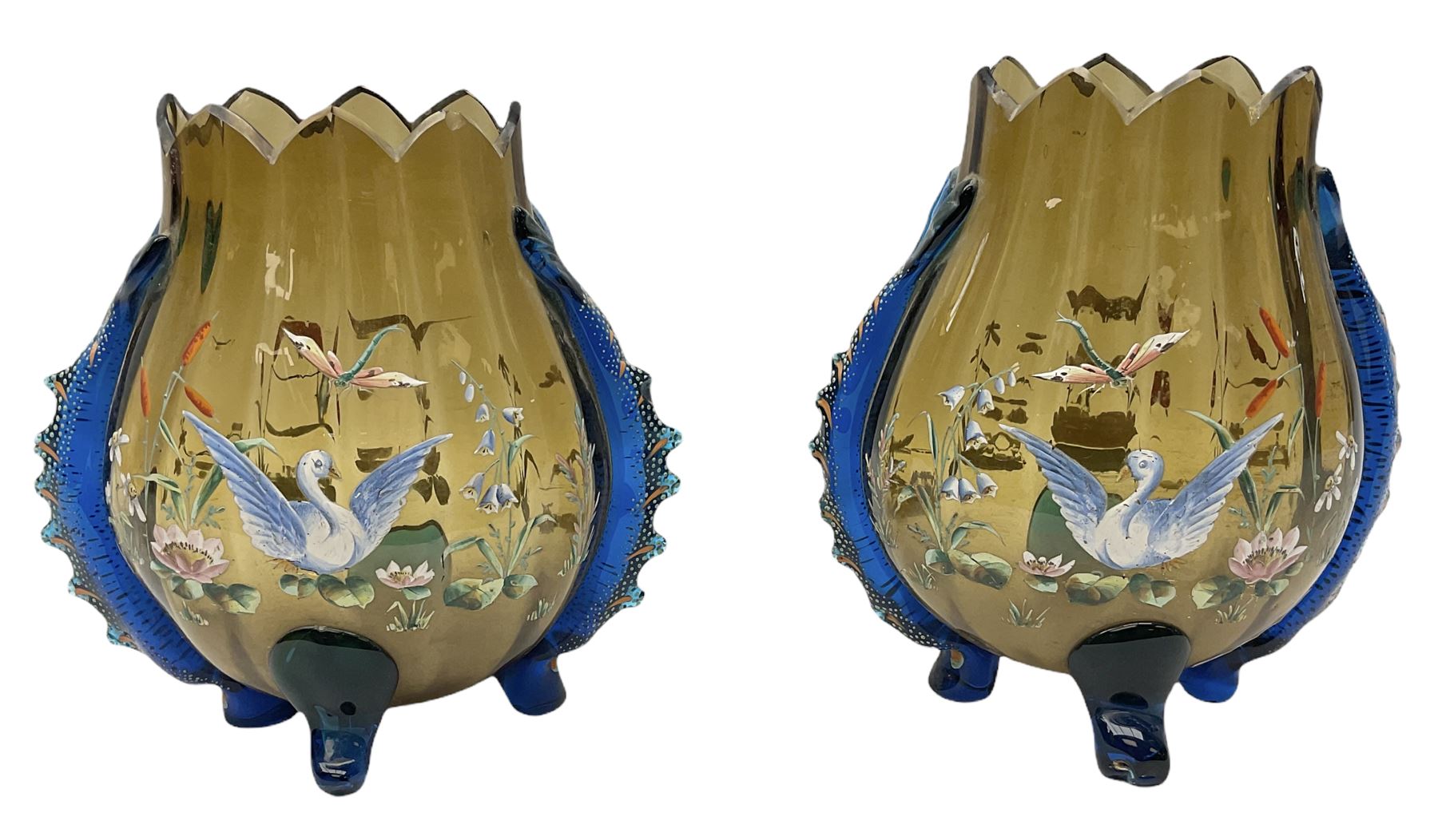 Pair of 19th century glass vases in the style of Auguste Jean, of bulbous form with lobed rim and applied blue glass zoomorphic handles, painted with enamel flowers, dragonflies and swans, upon four blue glass feet, H26cm