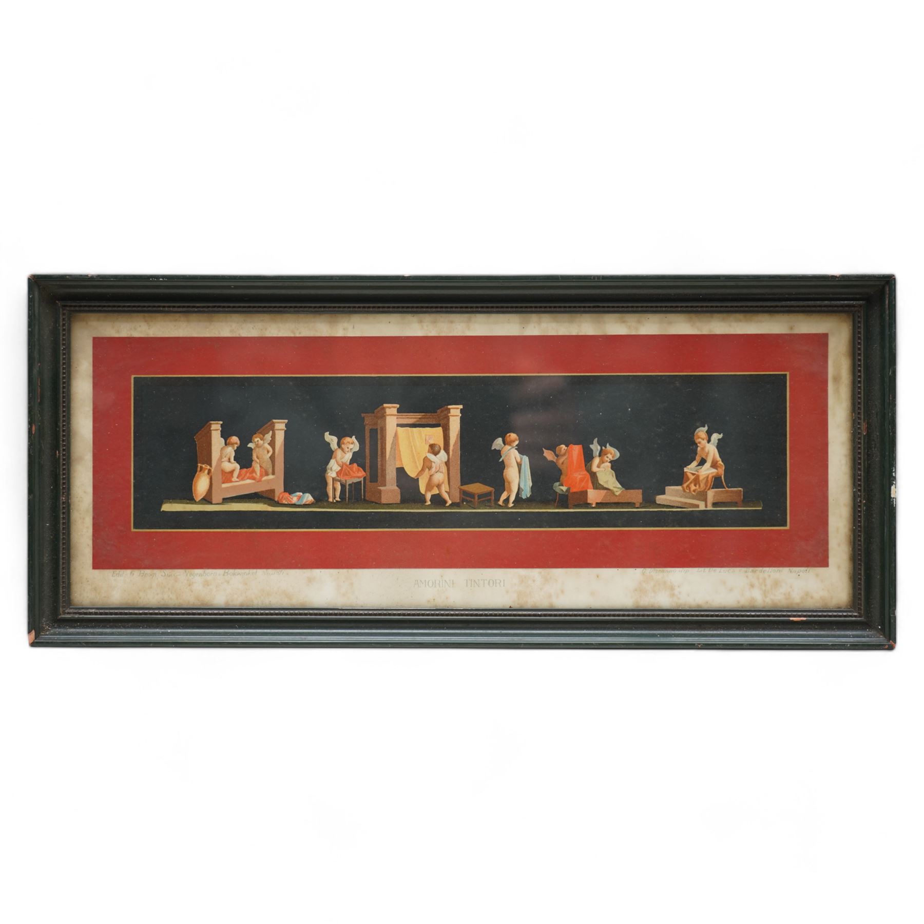 Geramia Discanno (Italian 1839-1907): Pompeii Frescos of Putti and Amorini, set seven 19th century lithographs with hand-colouring pub. 'Pompeii, House of the Vettii, Piccoli Amorini', Italy c.1890 max 18cm x 50cm (7)
Notes: Discanno was an Italian genre and landscape painter, who collaborated with archaeologists, lithographers and art historians to record the wall paintings in the Roman ruins of Pompeii and Herculaneum that were being excavated at the time.