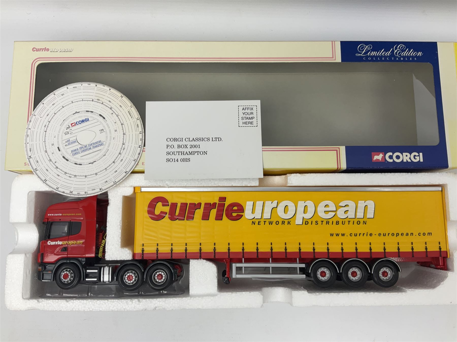Corgi - three limited edition lorries; CC11905 ERF EC Flatbed Trailer & Log Load Los Millican (Penton) Ltd; CC12102 Renault Premium Curtainside Wm.Armstrong (Longtown) Ltd; and CC12903 Scania Topline Curtainside Currie European Transport; all boxed (3)