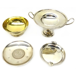  Silver ashtray with cow decoration by Kenneth Tyler Key Birmingham 1960, silver comport, silver bowl gilded interior, and a coin dish approx 10oz  