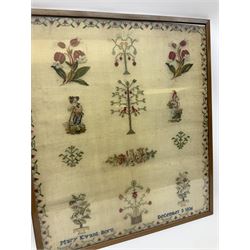 Victorian sampler worked by Mary Evans born December 1836, depicting urns of flowers, fruiting trees, two figures, bird and other floral motifs, within a strawberry vine border, framed and glazed, overall H78.5cm L69cm