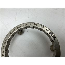 WW1 Trench Art - trivet on three ball feet formed from a section of a gun barrel inscribed 'Part of 18Pr Field Gun, as used in European War 1914.15.16.17.18.' D10cm