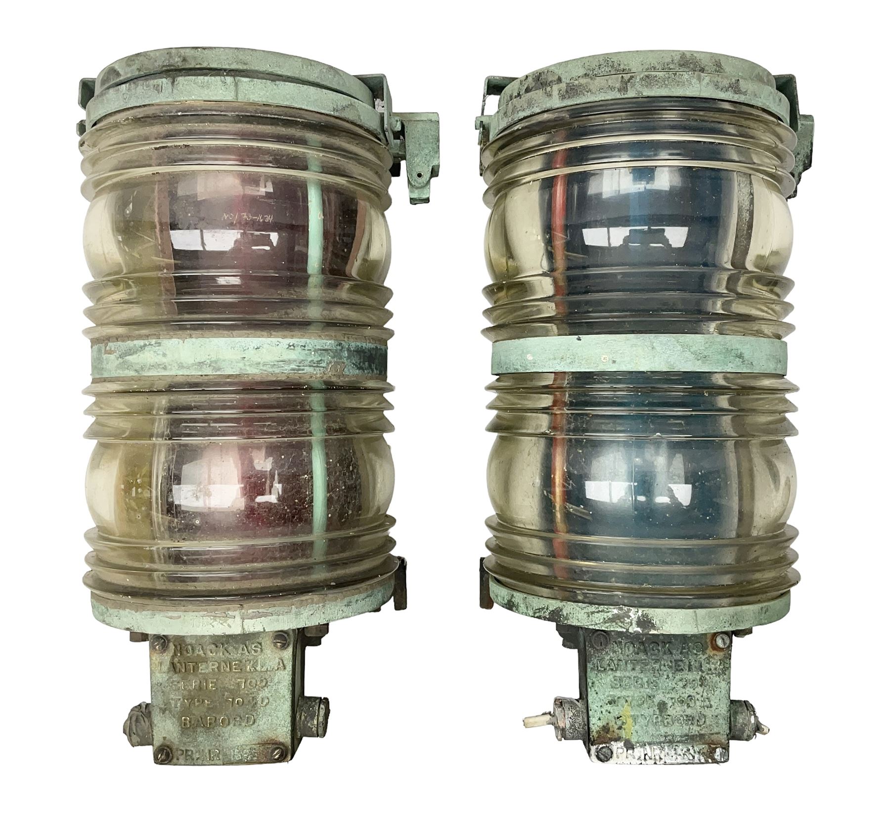 Two port and starboard brass lamps, each with a plaque marked 'Noack as Lanterne KL.A Serie 700 Type 704D Babord', ribbed green and red glass shades, H44cm