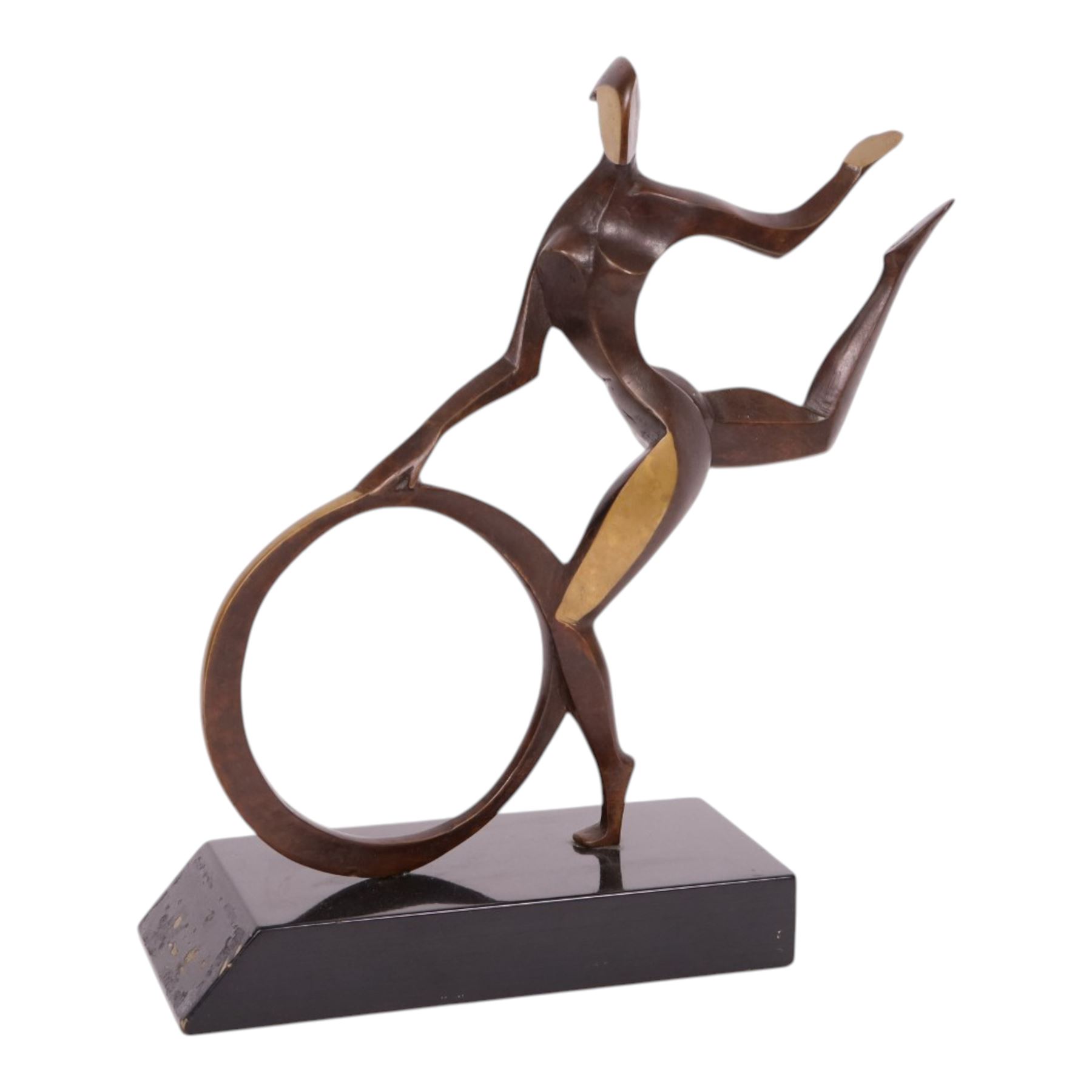 John Huggins FRBS (British 1938): 'Girl with Hoop', bronze sculpture upon black lacquered wooden base, H34cm