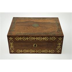 A 19th century mahogany brass inlaid sewing box, the hinged cover opening to reveal a fitted interior containing various later associated accessories, L28cm D19.5cm H12cm.  