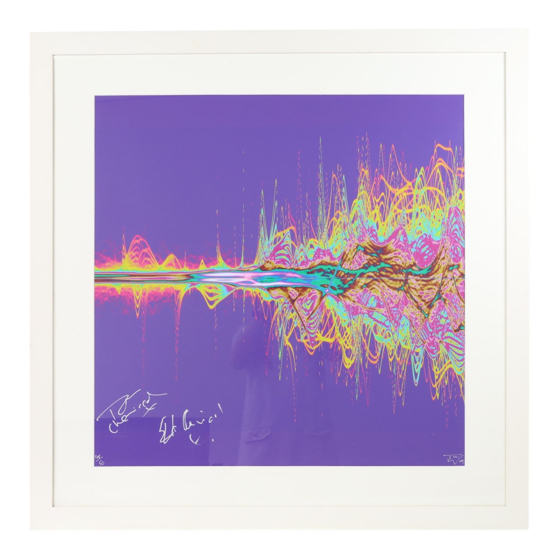 Limited edition Soundwaves Artwork print created from the audio of The Chemical Brothers song 'Galvanize', signed by Tom and Ed Chemical at the band's recording studio in London 2009, within white wooden frame, frame H88cm
