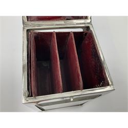 Edwardian silver mounted playing card case, hallmarked William Harrison Walter, Birmingham 1903, the sides each with a period playing card set behind a bevelled glass panel, the hinged cover with later engraving 'Presented to Norman T Crombie Esq by the officers & men of the 31st WR Detachment for services rendered 1917-1918', with red leather lined interior, the three compartments upon a sprung base and containing two later wooden Whist markers, case H12.5cm