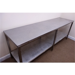  Large two tier stainless steel preparation table, W240cm, H89cm, D65cm  