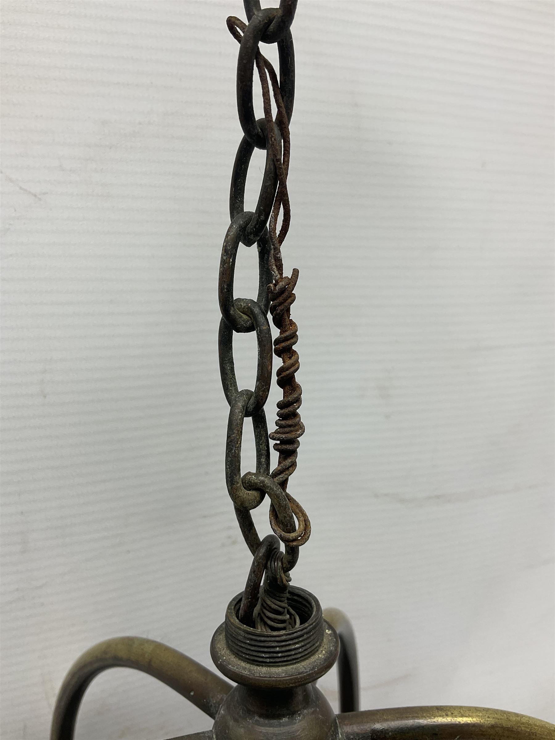 Victorian brass and stained leaded glass hall lantern, of hexagonal form, supported by four domed arms and pierced fret, H46cm W20cm