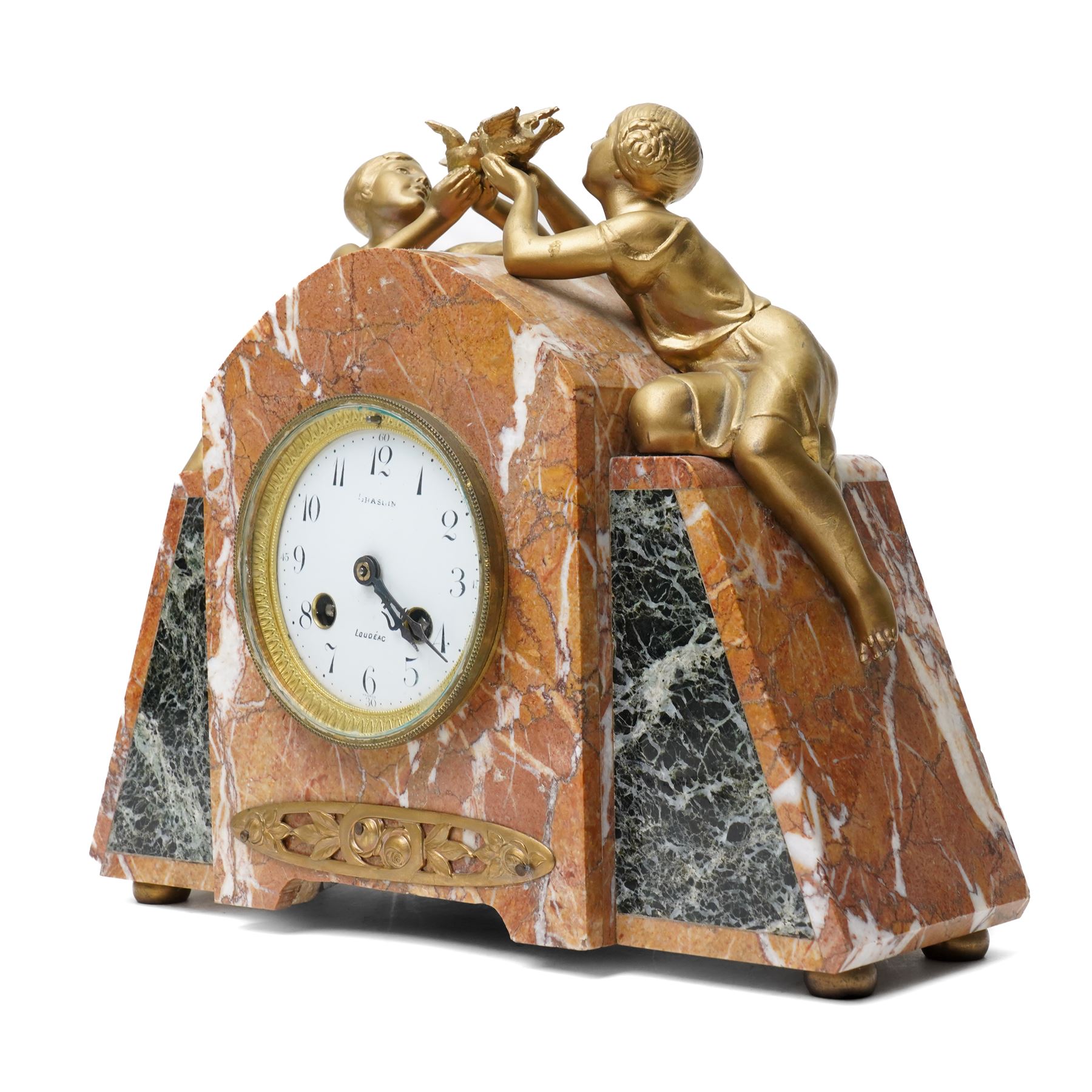 French Art Deco mantel clock, the white dial inscribed Loudeac, with bell strike in marble case surmounted by two gilt metal figures holding doves H26cm x W30cm