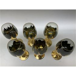 Set of six Art Deco style green glass sundae dishes, H9cm along with set of six Bohemian style glasses with twisted gilt stems