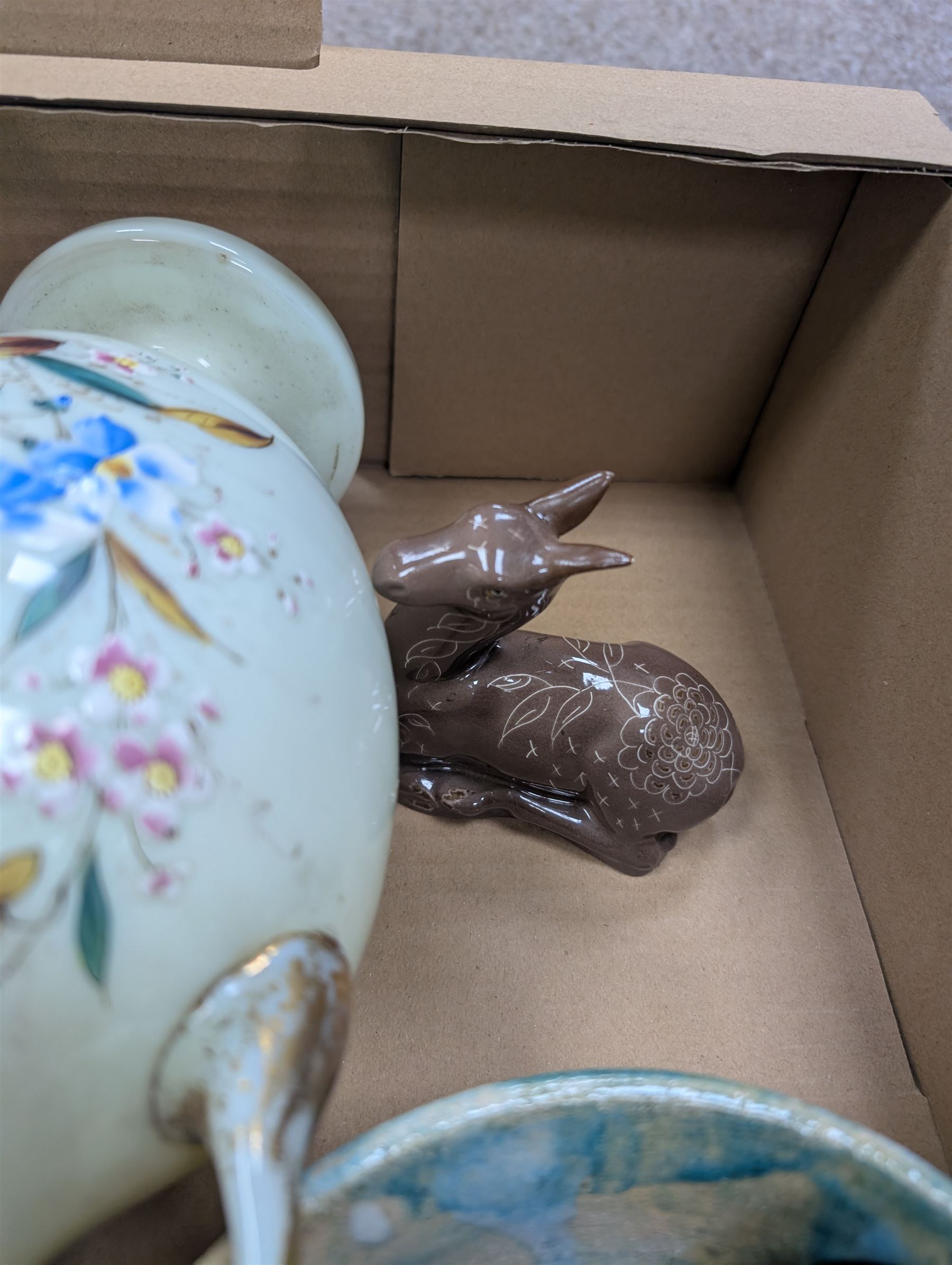 Continental silver vase and a collection of ceramics and glassware, including enamelled urn, Goldscheider deer figure, etc