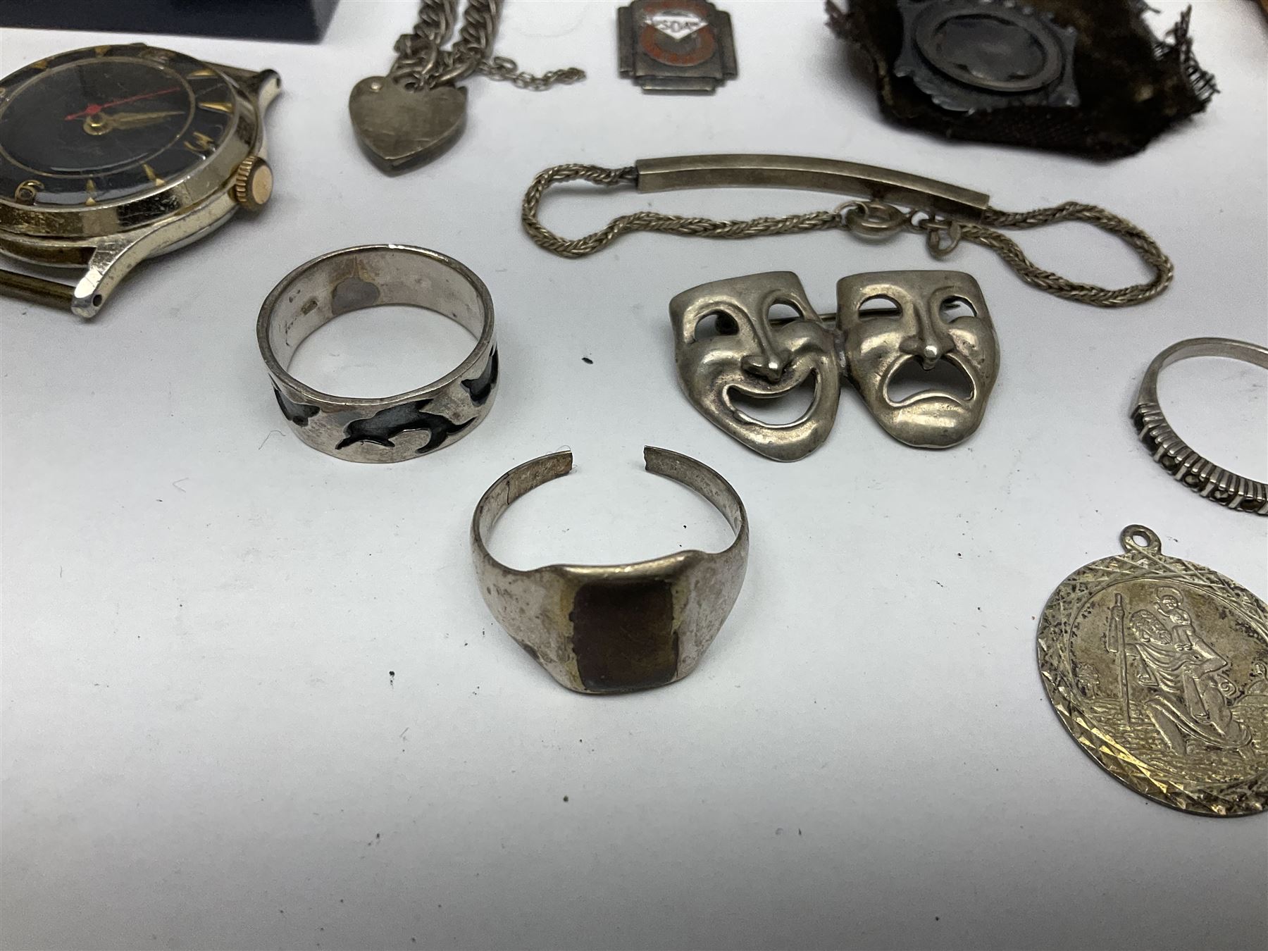 Four wristwatches including Seiko automatic, Sekonda, Timex and Ingersoll, silver Acme Lever pocket watch by H Samuel, 9ct gold keepers ring, silver and 9ct gold paste stone set cluster ring, silver and stone set silver jewellery and other vintage jewellery