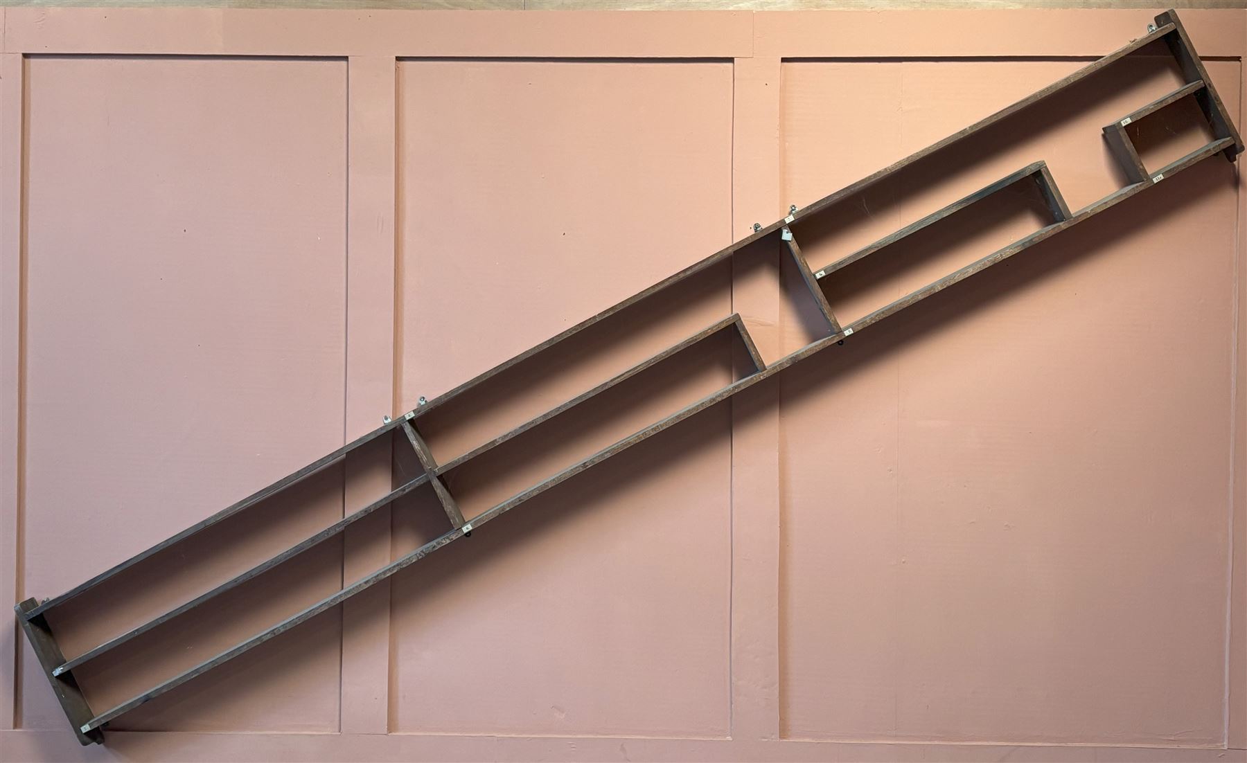 Large teak science lab wall hanging shelf of A-symmetrical form, mid 20th century. L412cm, H50cm, D13cm.  - COLLECTION BY APPOINTMENT FROM: The White House, Thirsk Road, Easingwold, York, YO61 3NF - CALL 01723 507111 TO ARRANGE