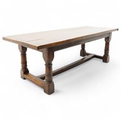 Jacobean design elm and oak refectory dining table, rectangular three plank top with cleated ends, moulded frieze rails on turned supports united by moulded stretcher rail