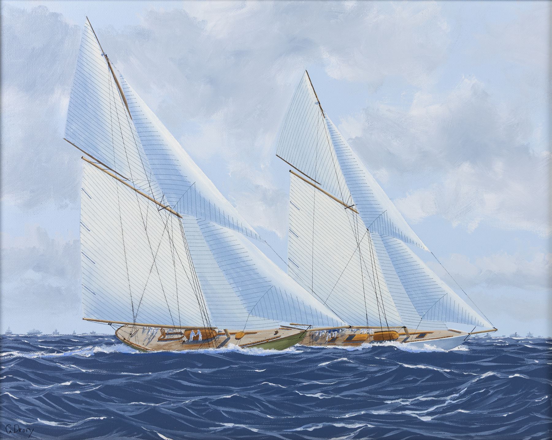 George Drury (British 1950-): 'Shamrock IV and Resolute - Americas Cup 1914', oil on canvas board 38.5cm x 48.5cm