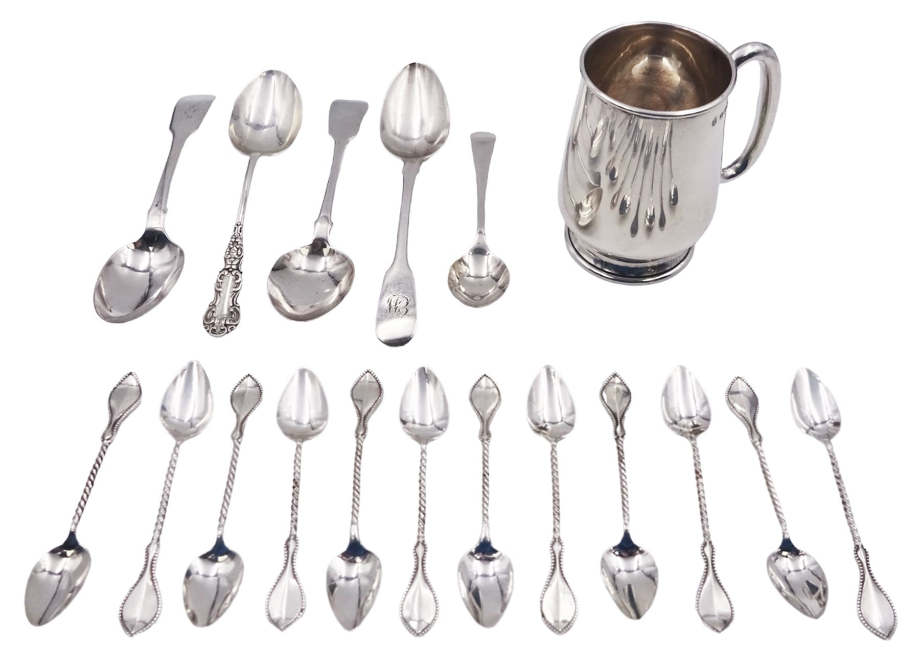 Small 1930's christening mug, of slightly tapering plain form, with C handle, upon circular spreading foot, hallmarked Barker Brothers Silver Ltd, Birmingham 1936, together with a set of twelve Dutch silver coffee spoons, with twist handles, impressed with GZ for Johannes Albertus Adolf Gerritsen and sword mark to bowls and five other silver spoons, each with varying designs and hallmarks, approximate total weight 7.42 ozt (230.5 grams)