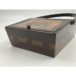 19th century rosewood Tunbridge Ware basket, of rectangular form with curved bentwood handle, and twin hinged sloping covers, lifting to reveal paper lined interiors, not including handle H5.5cm D10.5cm L18cm